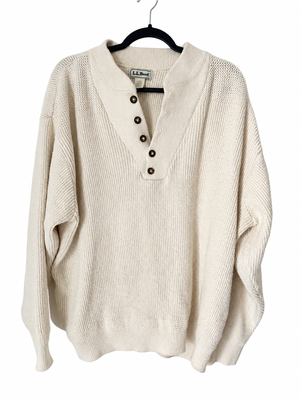 Vintage L.L.Bean Men’s Cream Cotton Henley Sweater Made USA 90s DC36 Coastal L
